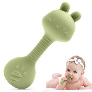 HippoBaby Silicone Rattle Teether for Babies – Soft BPA-Free Teething Toy & Sensory Rattle – 100% Food Grade Silicone, CPC Certified – Soothing Relief for Infants & Toddlers (Rabbit - Green)