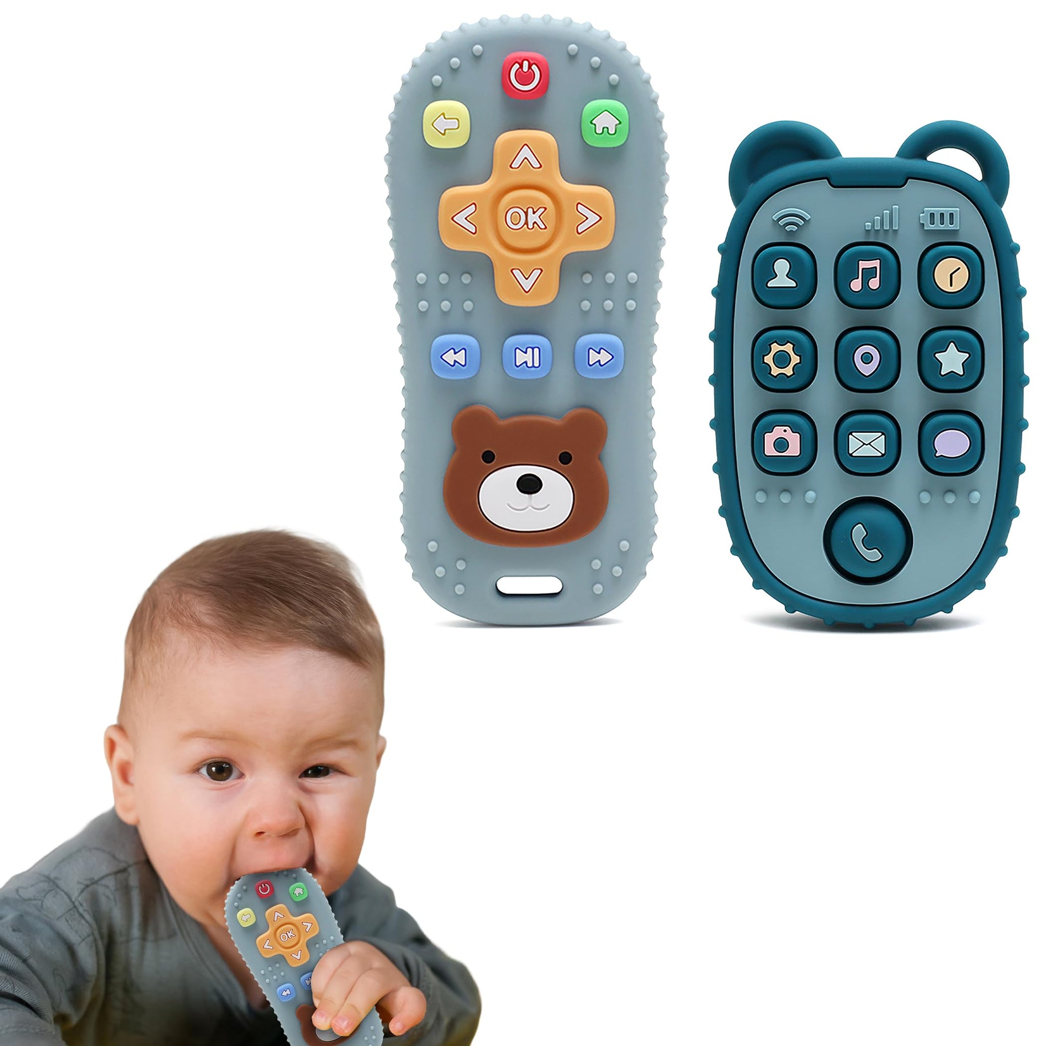 HippoBaby 2-Pack Silicone Teethers – Remote Control & Phone Teething Toys with Popper Buttons, BPA-Free, CPC Certified Baby Essentials for Infants & Toddlers (Remote/Phone - Blue/Dark Blue)