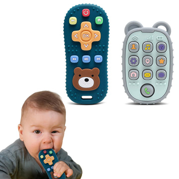 HippoBaby 2-Pack Silicone Teethers – Remote Control & Phone Teething Toys with Popper Buttons, BPA-Free, CPC Certified Baby Essentials for Infants & Toddlers (Remote/Phone - Dark Blue/Grey)