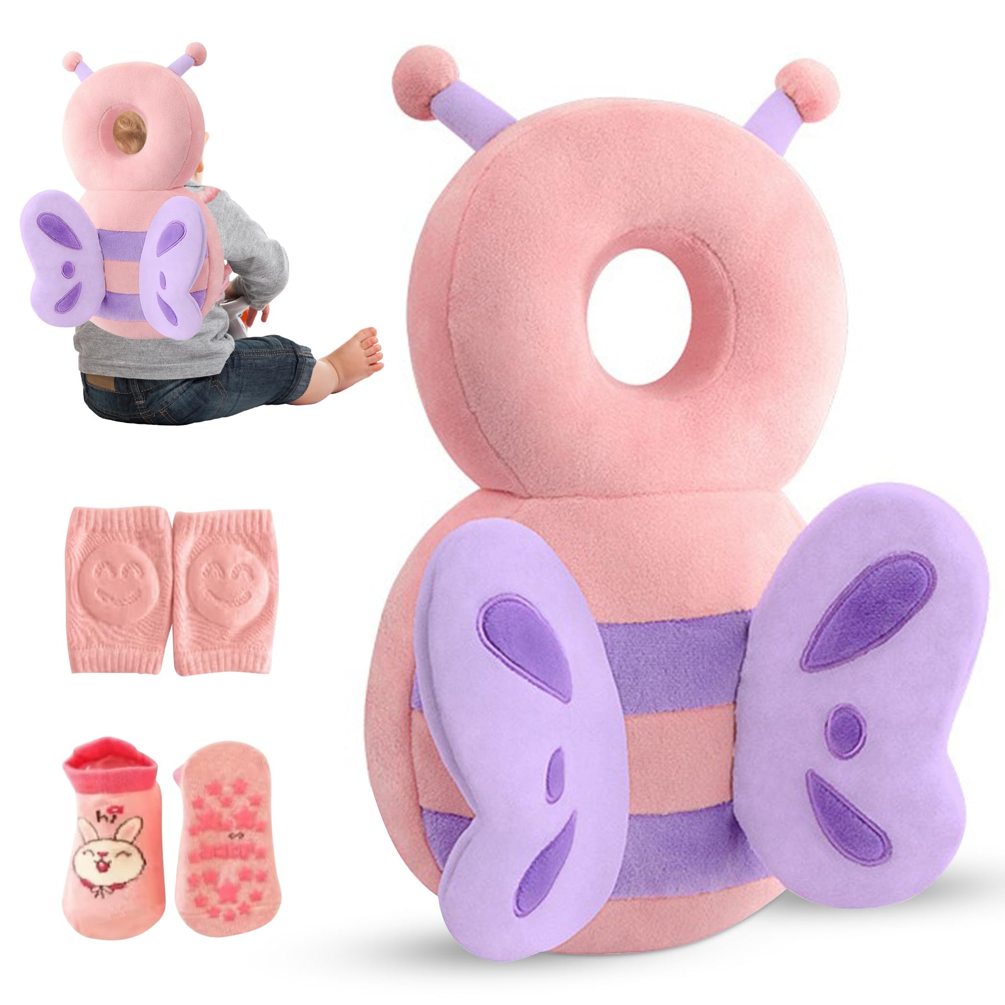 HippoBaby Baby Head Protector Backpack – Toddler Safety Cushion for Crawling & Walking – Infant Fall Protection Pillow with Adjustable Straps – Comes with Knee Pads & Non-Slip Baby Socks (Butterfly)