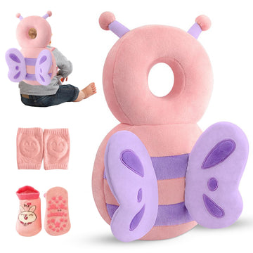 HippoBaby Baby Head Protector Backpack – Toddler Safety Cushion for Crawling & Walking – Infant Fall Protection Pillow with Adjustable Straps – Comes with Knee Pads & Non-Slip Baby Socks (Butterfly)