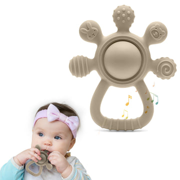 HippoBaby Silicone Rattle Teether for Babies – Soft BPA-Free Teething Toy & Sensory Rattle – 100% Food Grade Silicone, CPC Certified – Soothing Relief for Infants & Toddlers (Rudder - Beige)