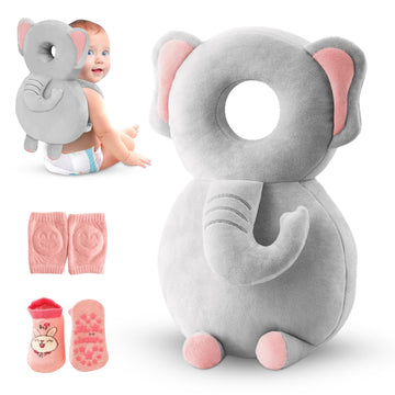 HippoBaby Baby Head Protector Backpack – Toddler Safety Cushion for Crawling & Walking – Infant Fall Protection Pillow with Adjustable Straps – Comes with Knee Pads & Non-Slip Baby Socks (Elephant)