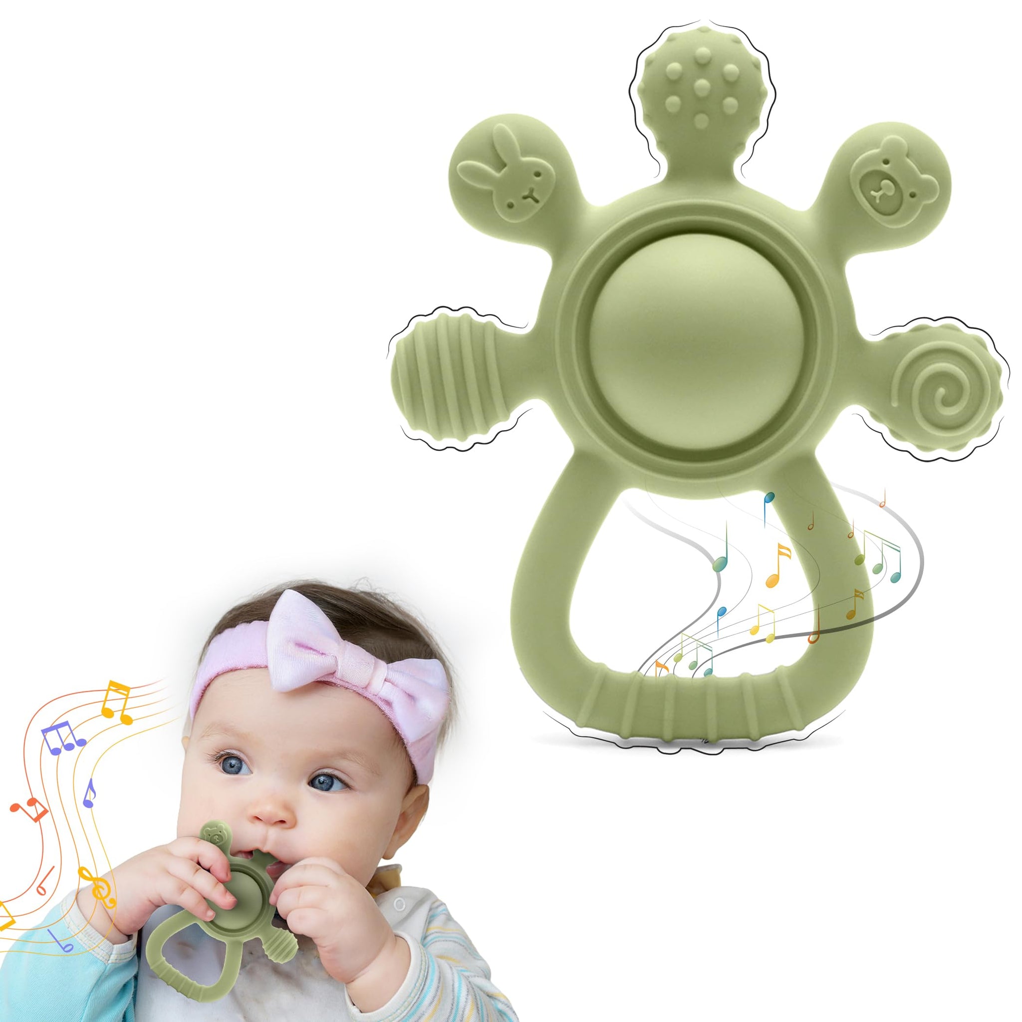 HippoBaby Silicone Rattle Teether for Babies – Soft BPA-Free Teething Toy & Sensory Rattle – 100% Food Grade Silicone, CPC Certified – Soothing Relief for Infants & Toddlers (Rudder - Green)