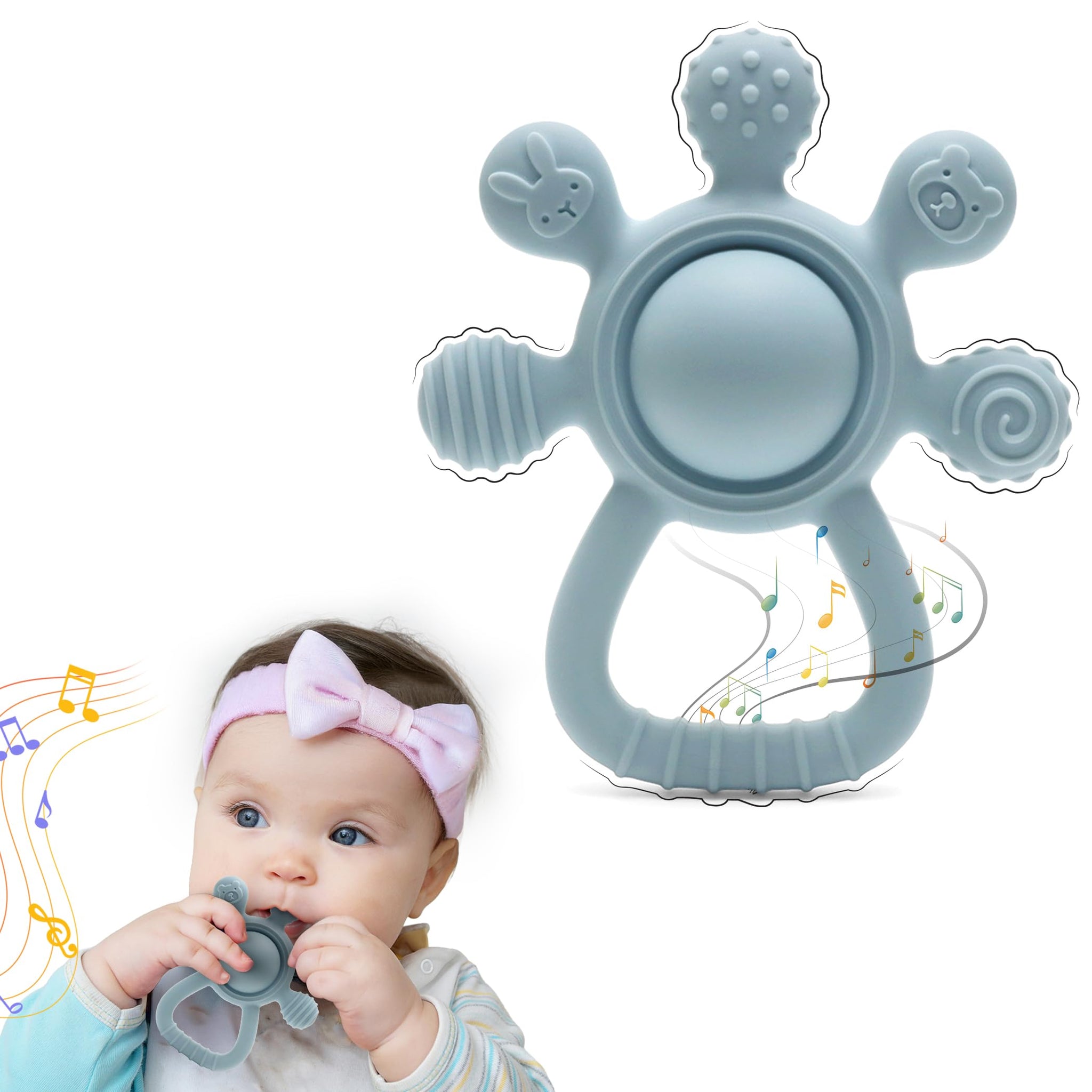 HippoBaby Silicone Rattle Teether for Babies – Soft BPA-Free Teething Toy & Sensory Rattle – 100% Food Grade Silicone, CPC Certified – Soothing Relief for Infants & Toddlers (Rudder - Sky)