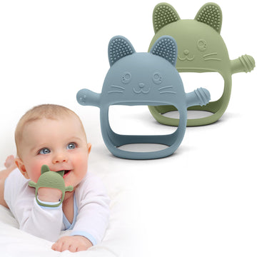HippoBaby Rabbit Hand Guard Teether 2-Pack – Silicone Baby Teething Toys for Infants, Toddlers & Newborns – 100% Food Grade, BPA-Free¸Flexible Gum Soother (Rabbit Hand Guard - Blue/Green)