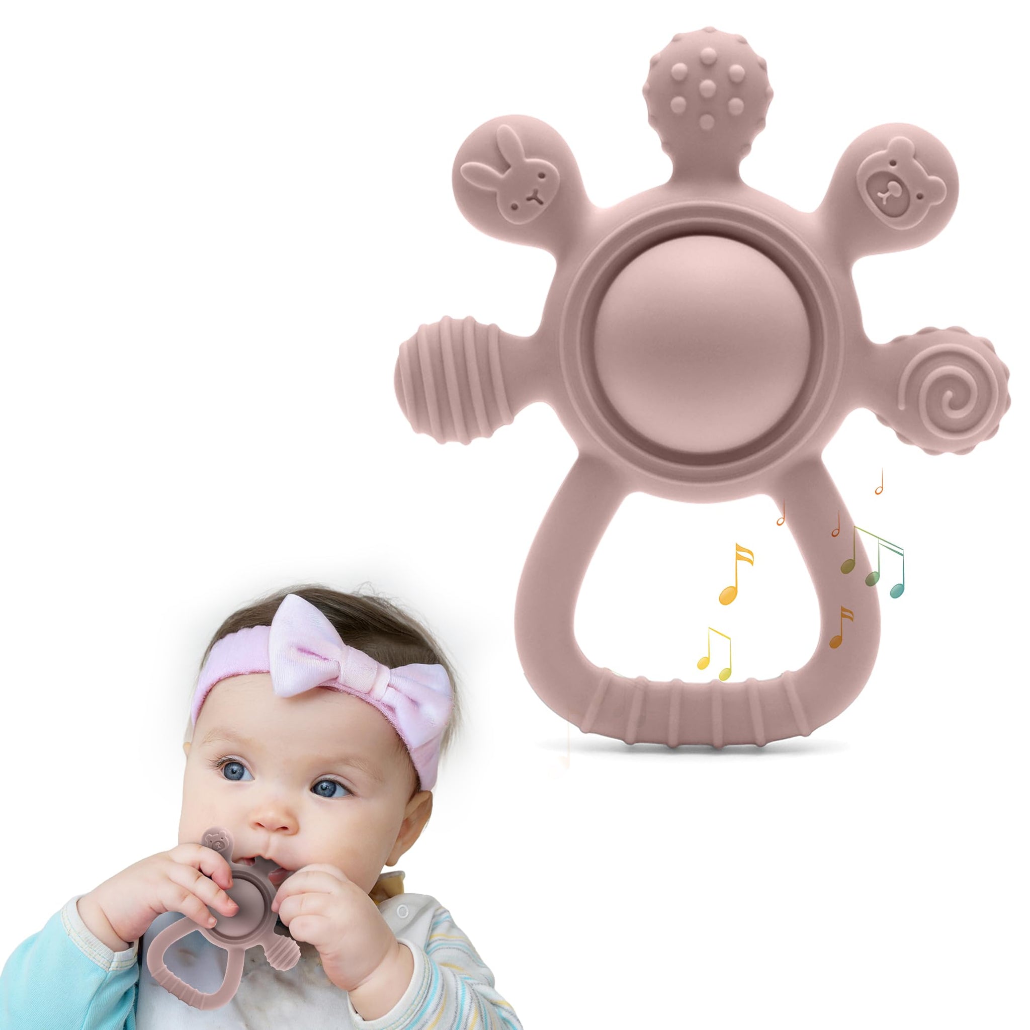 HippoBaby Silicone Rattle Teether for Babies – Soft BPA-Free Teething Toy & Sensory Rattle – 100% Food Grade Silicone, CPC Certified – Soothing Relief for Infants & Toddlers (Rudder - Pink)