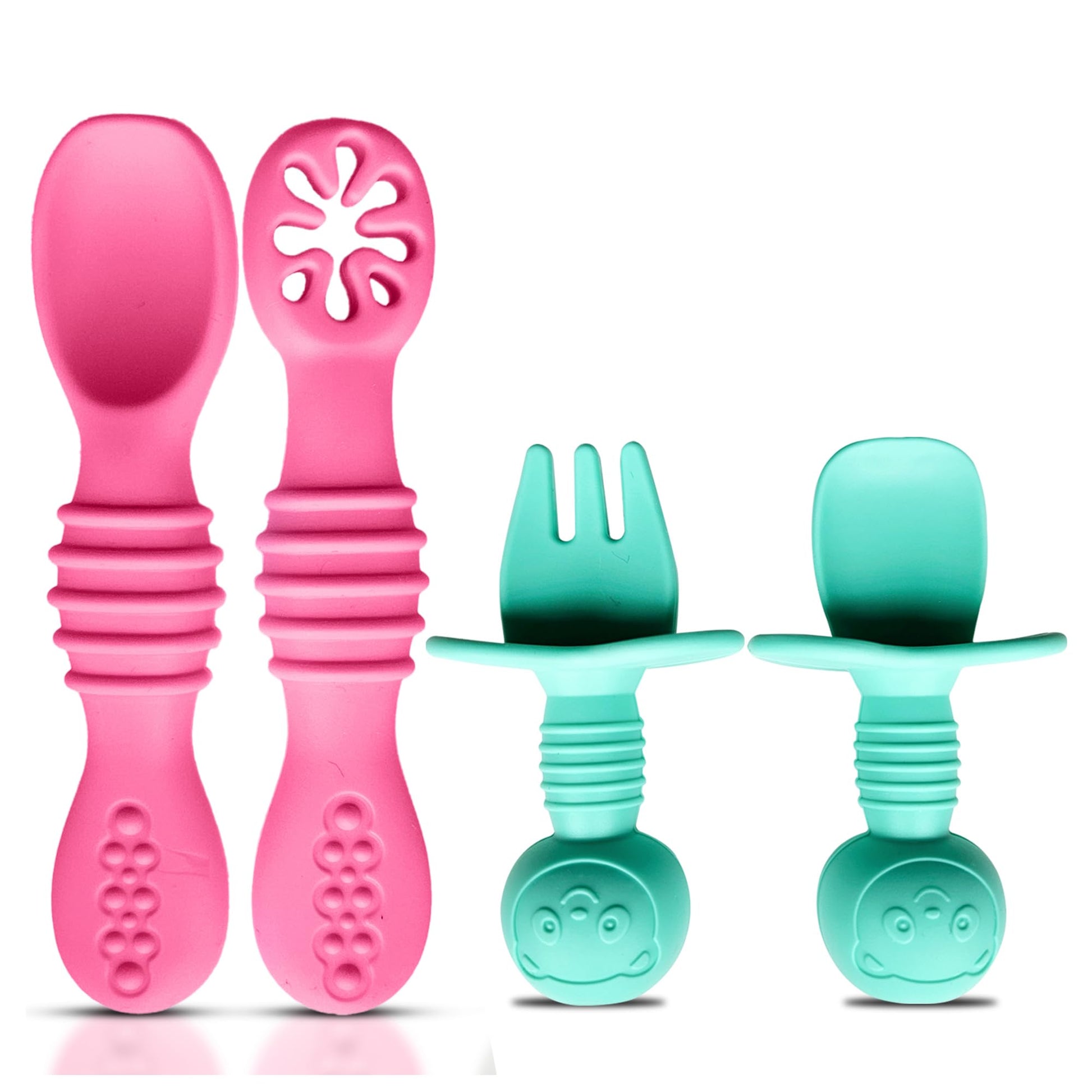 Silicone Baby Spoons & Fork - Bubblegum/Turquoise