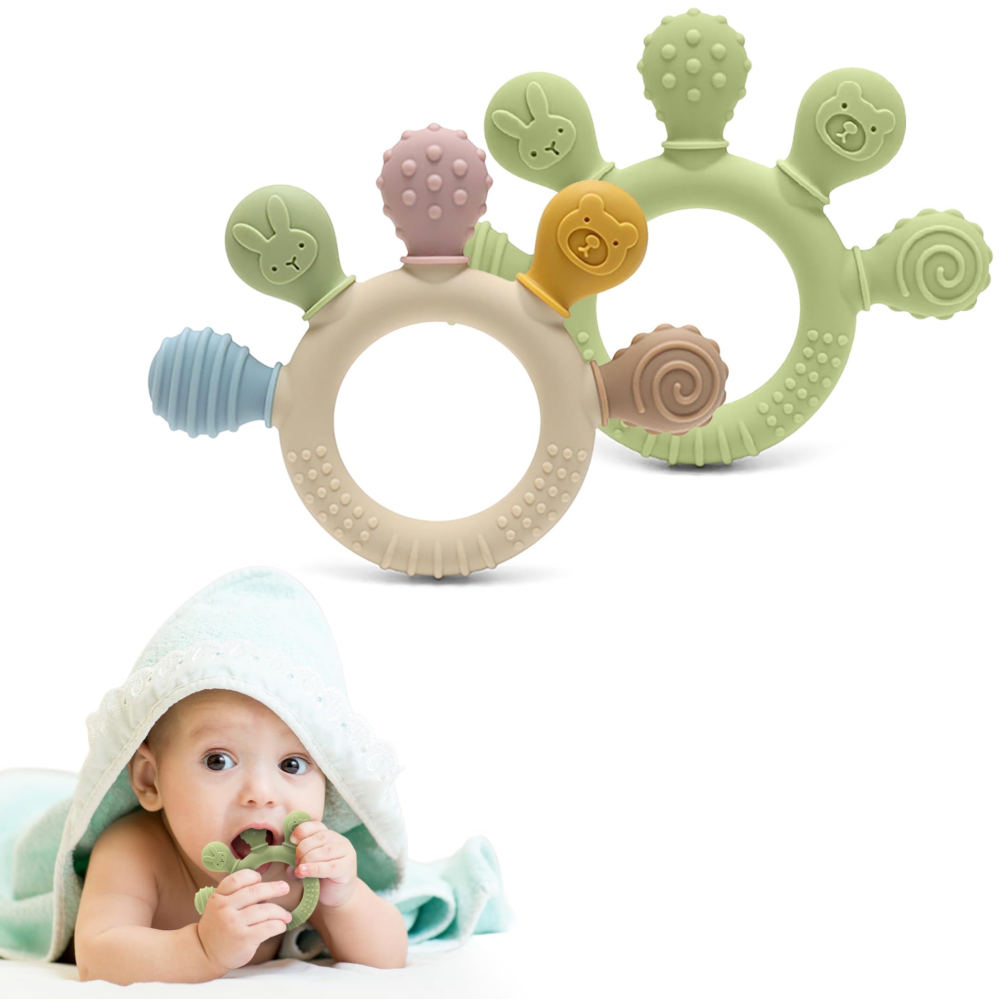 HippoBaby Silicone Teether for Babies 2-Pack – Soft & Easy Grip Teething Toys for Infants & Toddlers – 100% Food Grade Silicone, CPC Certified, BPA-Free Gum Soothers (Palm Teether/Colorful & Green)