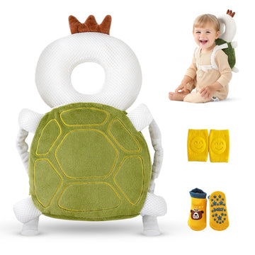 HippoBaby Baby Head Protector Backpack – Toddler Safety Cushion for Crawling & Walking – Infant Fall Protection Pillow with Adjustable Straps – Comes with Knee Pads & Non-Slip Baby Socks (Turtle)