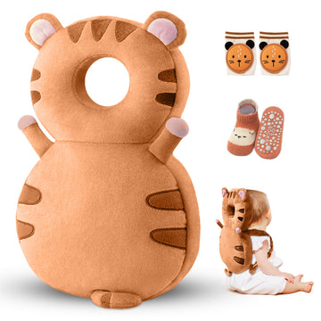 HippoBaby Baby Head Protector Backpack – Toddler Safety Cushion for Crawling & Walking – Infant Fall Protection Pillow with Adjustable Straps – Comes with Knee Pads & Non-Slip Baby Socks (Tiger)
