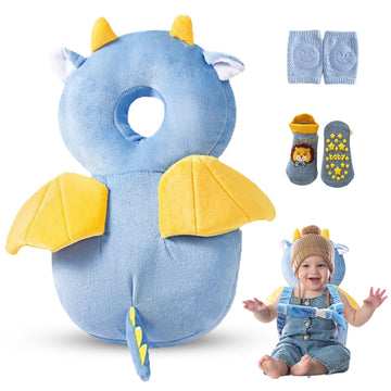 HippoBaby Baby Head Protector Backpack – Toddler Safety Cushion for Crawling & Walking – Infant Fall Protection Pillow with Adjustable Straps – Comes with Knee Pads & Non-Slip Baby Socks (Blue Dragon)