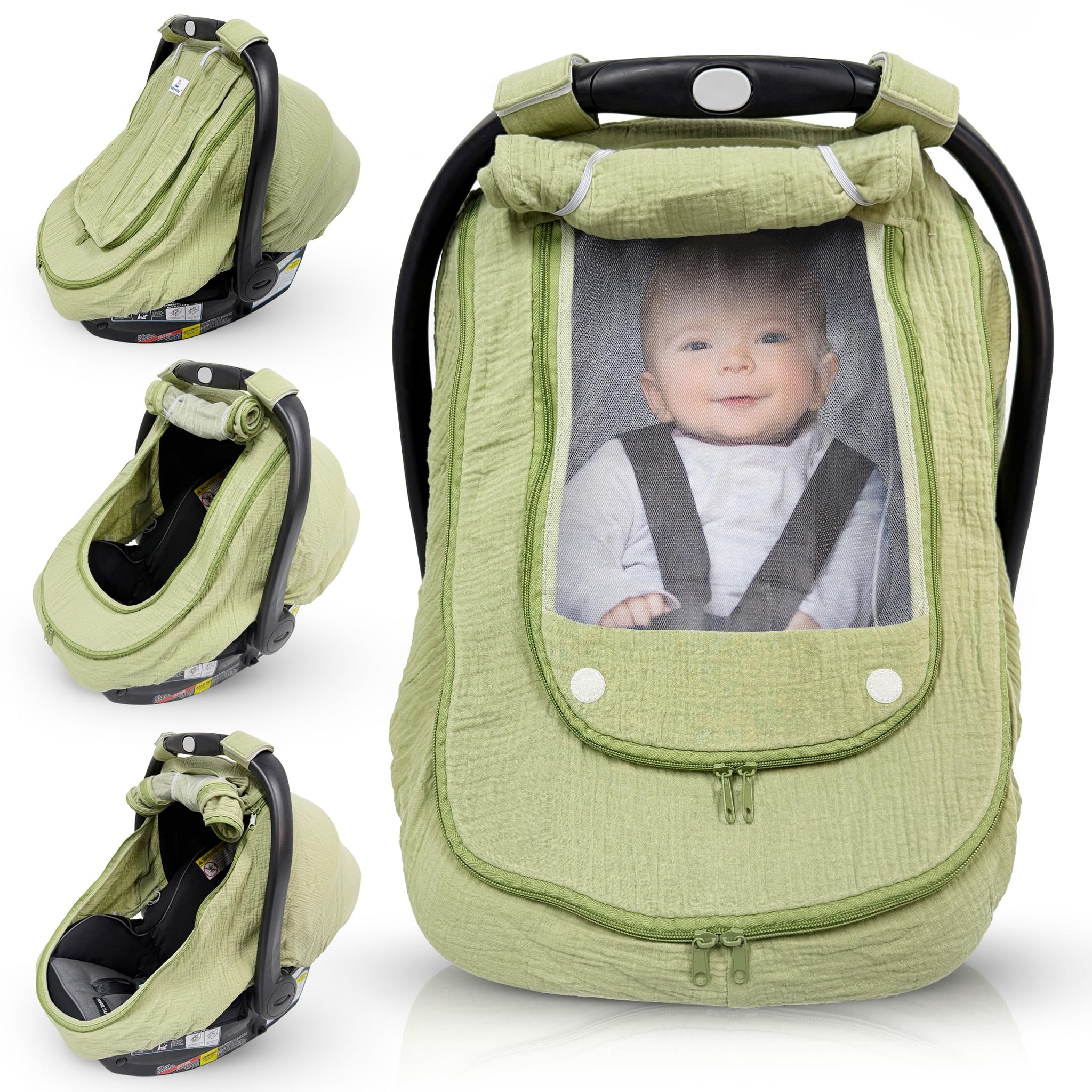 HippoBaby Car Seat Cover for Babies with 100% Cotton Muslin Material | Breathable Carseat Cover for Boys and Girls | Infant Car Seat Canopy for Boys and Girls (Green)