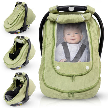 HippoBaby Car Seat Cover for Babies with 100% Cotton Muslin Material | Breathable Carseat Cover for Boys and Girls | Infant Car Seat Canopy for Boys and Girls (Green)
